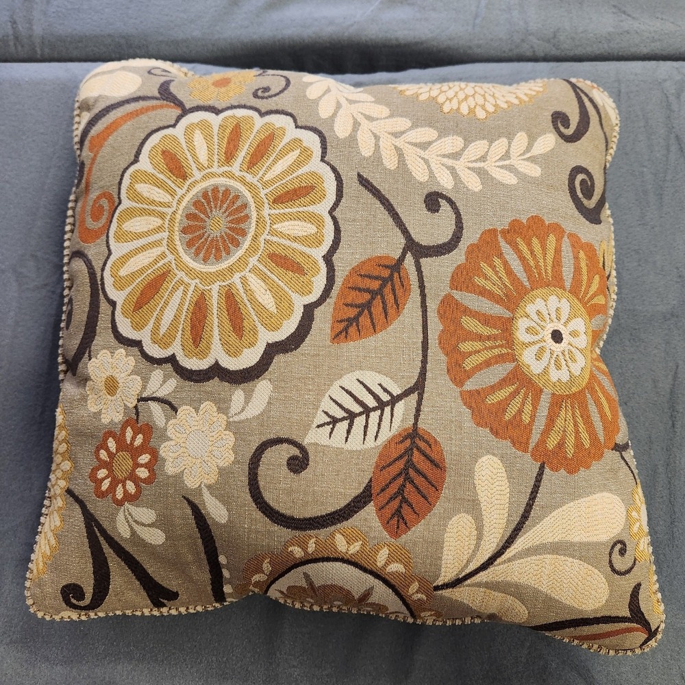 THROW PILLOW Boho Floral Striped Beige Yellow Orange Double Sided 19" x 19" x 5"